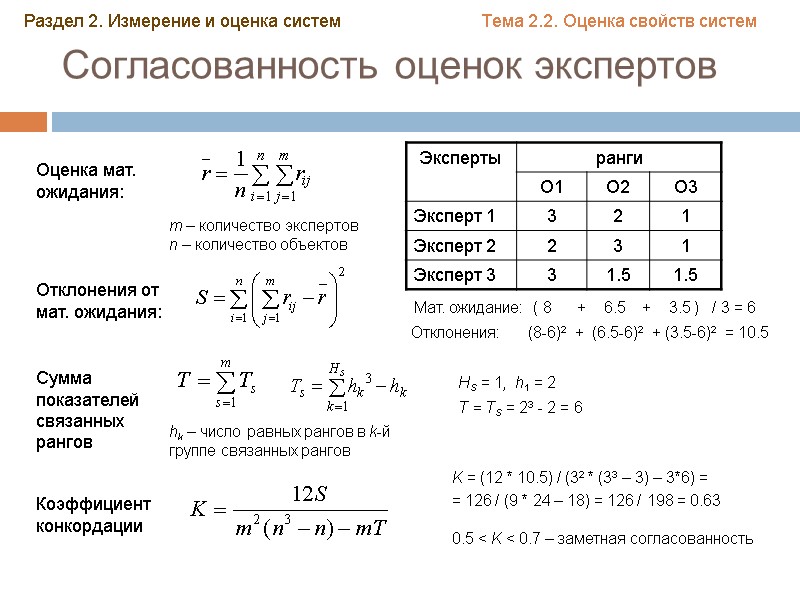 Согласованность оценок экспертов Оценка мат. ожидания: m – количество экспертов n – количество объектов